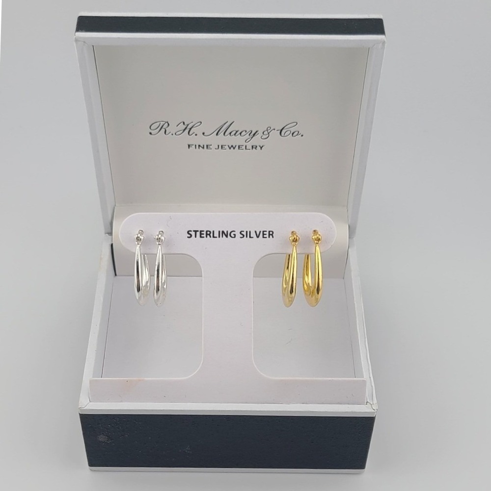 RH Macy & Co Sterling Silver Hoop Earring Set Gold Over Silver 2 Pairs Polished